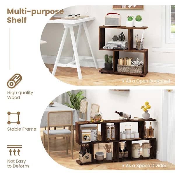 Costway 13 in. Wide Rustic Brown 2 PCS 3-tier Wood Bookshelf Display Storage  Rack for Small Spaces JV10699CF-2 - The Home Depot