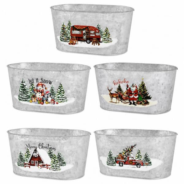 Christmas Tin Bucket Set, 5-Piece 9 in. Galvanized Beverage Tubs for Party Decor