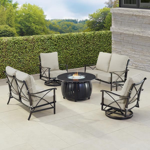 Oakland Living Black Aluminum Fire Table Set with 2-Loveseats and 2-Club Chairs