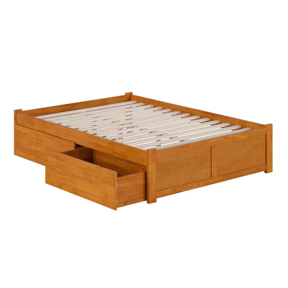 Light Toffee Full Wood Platform Bed with Footboard and Storage Drawers