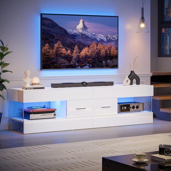 60 in. Glossy White Stone-Patterned TV Stand with Drawer LED Lights Fits TV Up to 65 in. Entertainment Center