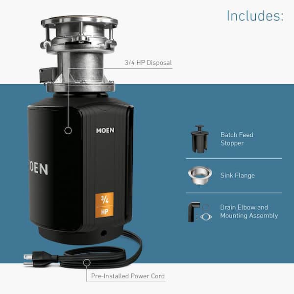 MOEN Host Series 3/4 HP Batch Feed Garbage Disposal with Stop-Controlled Grinding and Sound Reduction MOEN Host Series 3/4 HP Batch Feed Garbage Disposal with Stop-Controlled Grinding and Sound Reduction