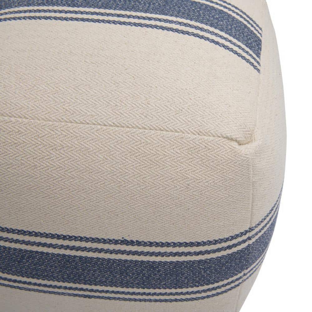 Coastal Charm Cream & Blue Stripe Square Metal Pouf