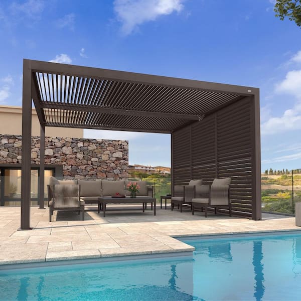 11 ft. x 13 ft. Bronze Aluminum Louvered Pergola with 2 Adjustable Sunshade Roofs and 1-Short Side Fixed Shutter Wall
