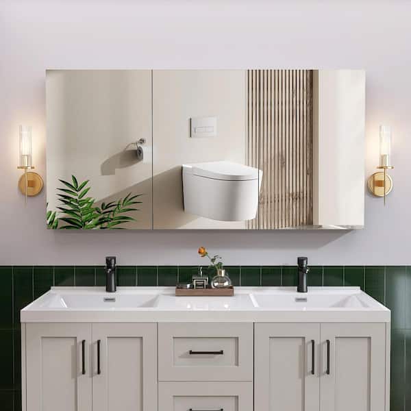Vie 60 in. W x 30 in. H White Rectangular Recessed or Surface Mount Aluminum Medicine Cabinet with Mirror Tri-View Clear