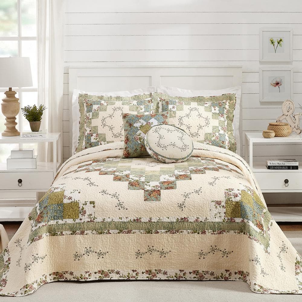 Olivia Green and Cream Cotton Queen Bedspread with Floral Embroidery