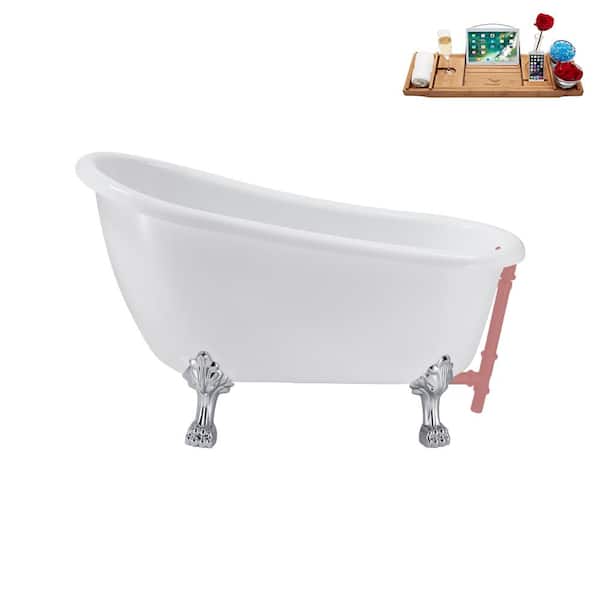 Streamline 53 in. x 25.6 in. Acrylic Clawfoot Soaking Bathtub in Glossy White with Polished Chrome Clawfeet and Matte Pink Drain
