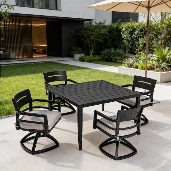 5-Piece Outdoor Aluminum Furniture set including 4 Swivel Rockersand Rectangle Dining Table with Umbrella Holez in black