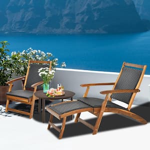 Brown Wood Foldable Outdoor Chaise Lounge with Retractable Footrest
