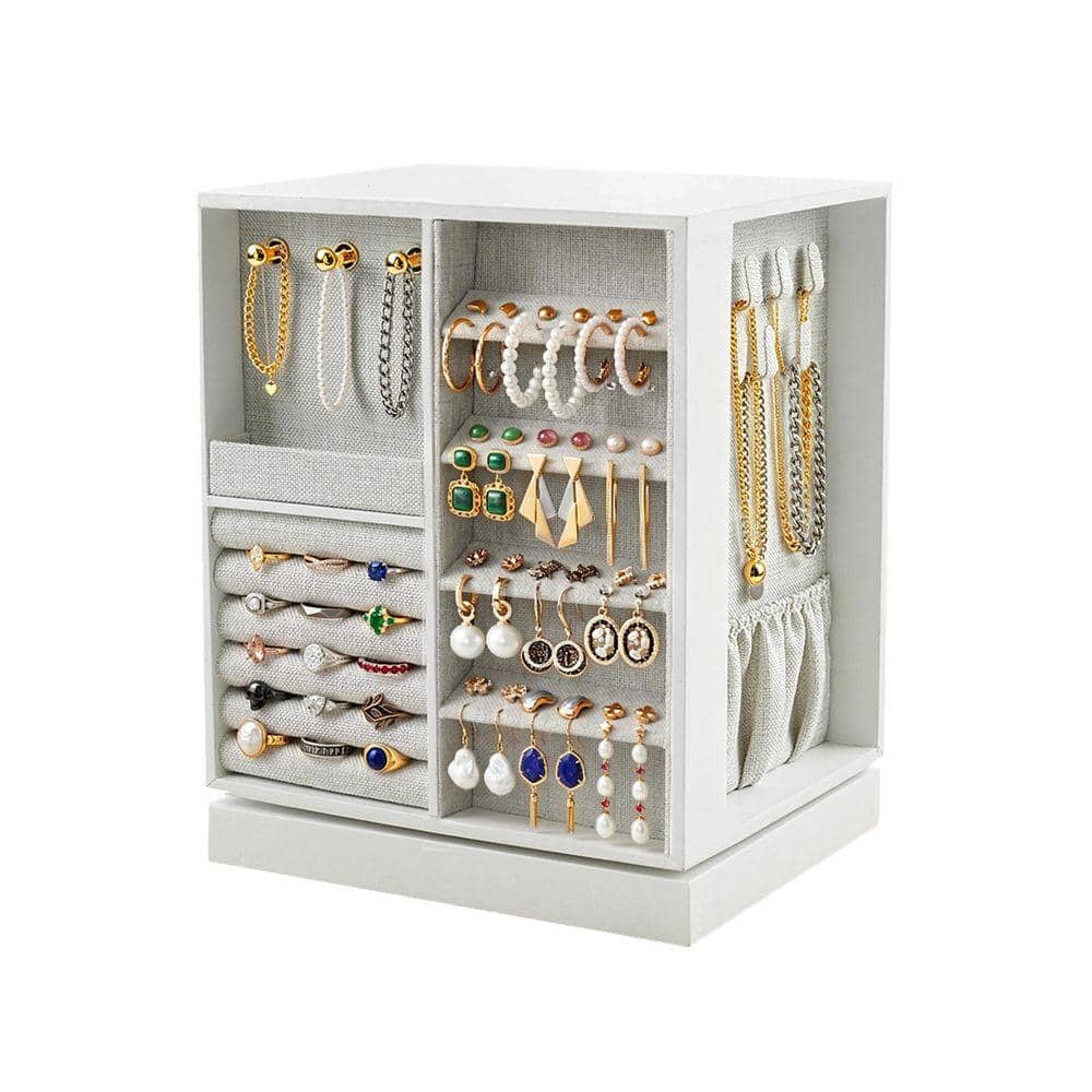 Jebeete 360° Rotating Jewelry Box with 4 Drawers, Spacious Vertical Storage Organizer, Open Design Jewelry Case in Cloud White
