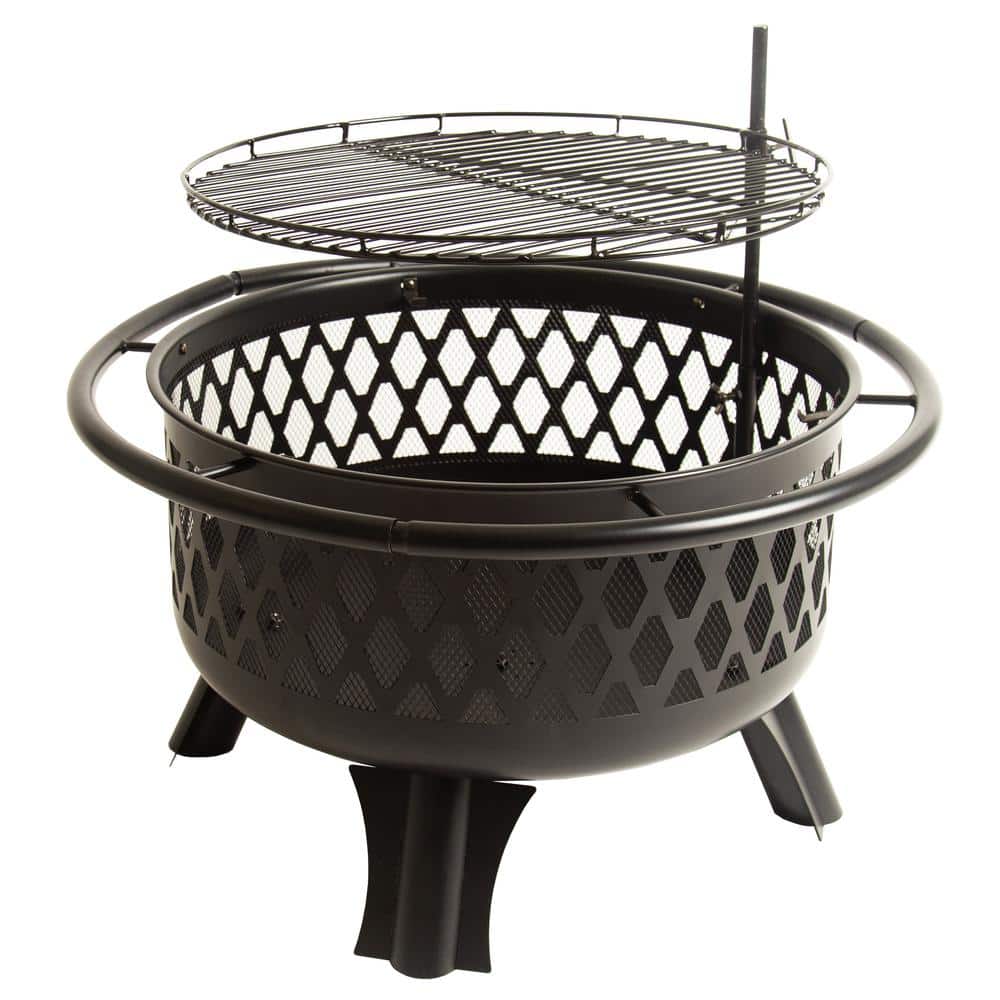 Black Steel Round Wood Burning Fire Pit with Mesh Screen