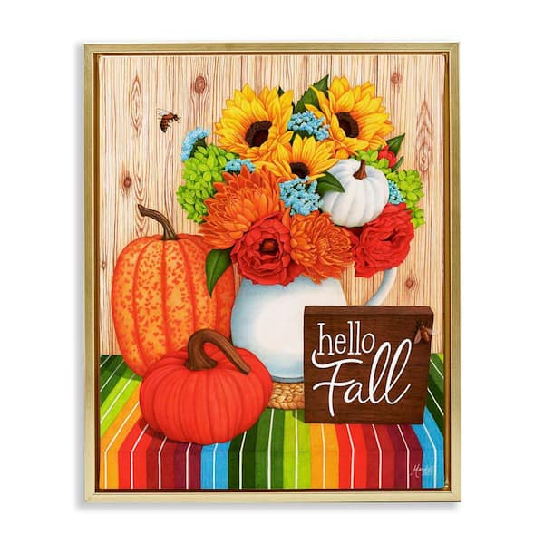 Stupell Industries Hello Fall Rainbow Pumpkins by Mardell Schuster Gold Floater Frame Graphic Typography Art Print 31 in. x 25 in.