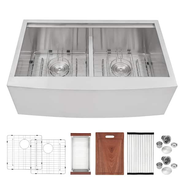 36 in. Apron-Front 50/50 Double Bowl 16-Gauge Stainless Steel Low-Divide Workstation Kitchen Sink with Accessories