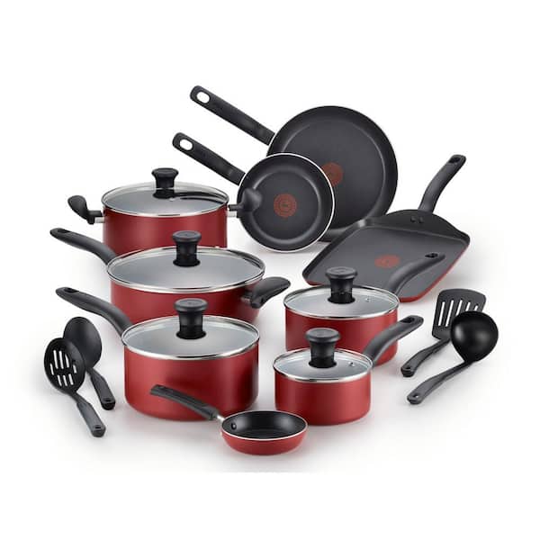 T-fal Initiatives 18-Piece Aluminum Nonstick Cookware Set in Red