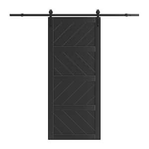 30 in. x 84 in. Black Finished 4-Lite Wave Pattern Style MDF Sliding Barn Door with Hardware Kit and Soft Close