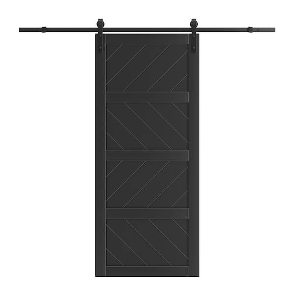 ARK DESIGN 30 in. x 84 in. Black Finished 4-Lite Wave Pattern Style MDF Sliding Barn Door with Hardware Kit and Soft Close