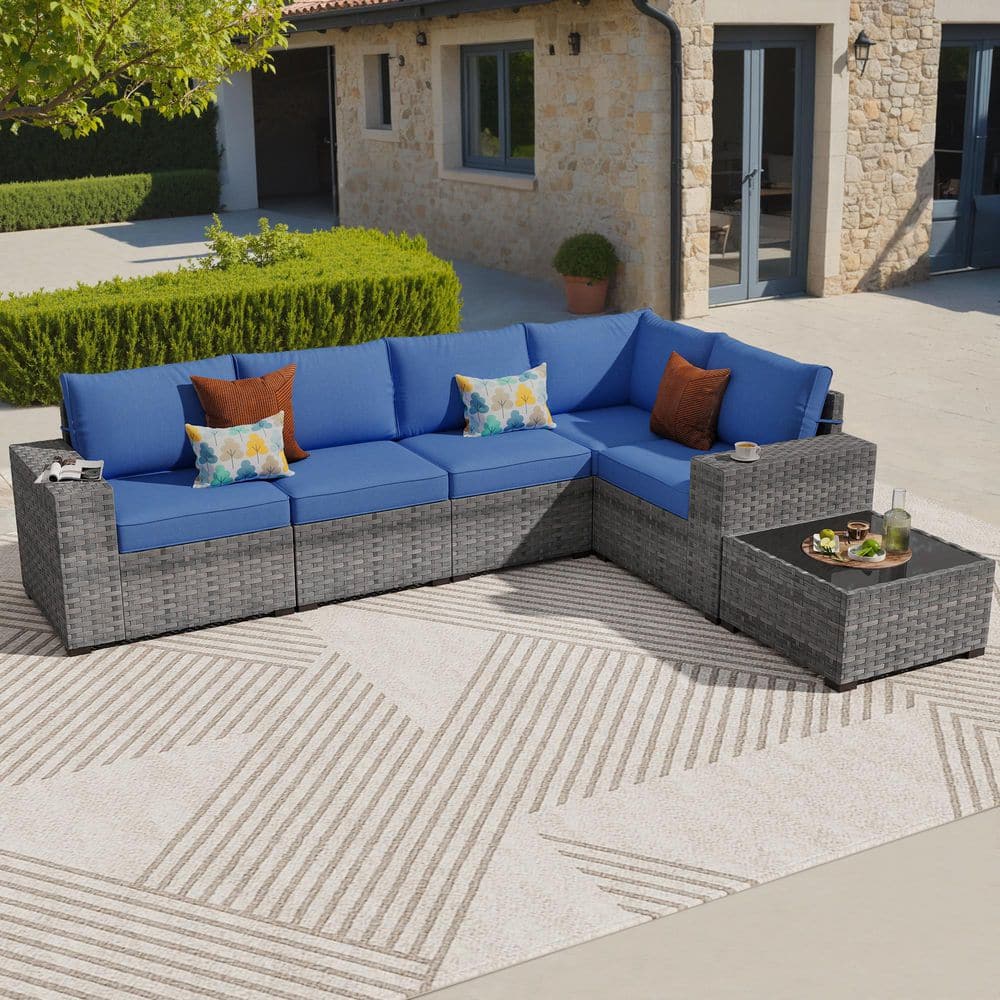 Bissty Gray 6-Piece Wicker Wide Arm Patio Conversation Set with Navy Blue Cushions price history on PriceWatchPro