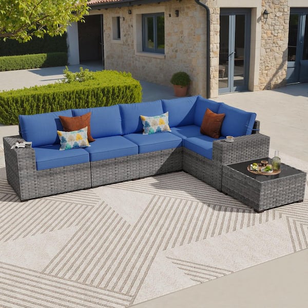 Bissty Gray 6-Piece Wicker Wide Arm Patio Conversation Set with Navy Blue Cushions