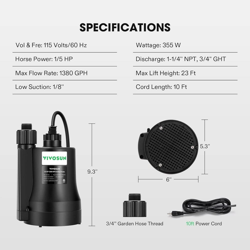 Black Thermoplastic 1/5HP Submersible Utility Pump with 10ft Cord