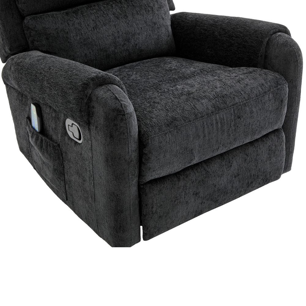 Close-up view of the black chenille upholstered recliner's arm and storage pocket.