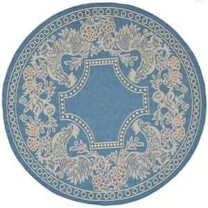 Courtyard Blue/Natural 5 ft. x 5 ft. Round Border Indoor/Outdoor Patio  Area Rug