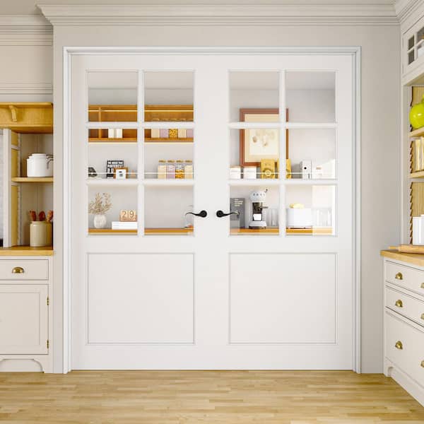 72 in. x 80 in. Universal Handed 6-Lite Clear Glass White Solid Core MDF Double French Door with Assemble Jamb