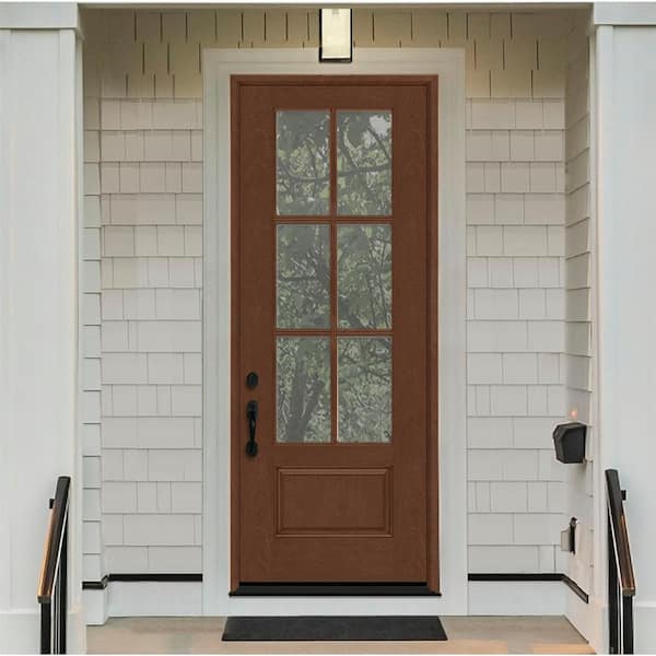 Regency 36 in. x 96 in. 3/4-6 Lite Clear Glass RHIS Chestnut Stained Fiberglass Prehung Front Door