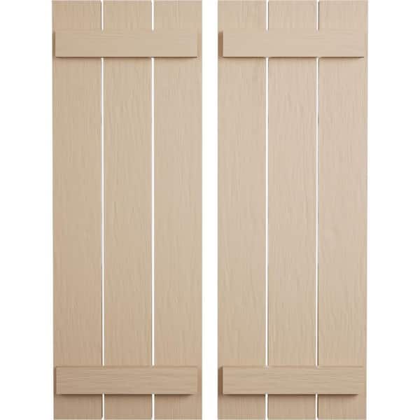 Ekena Millwork 17.5 in. x 36 in. Timberthane Polyurethane 3-Board Spaced Board-n-Batten Rough Sawn Faux Wood Shutters Pair
