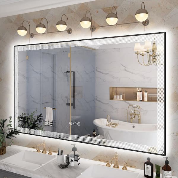 Apmir 60 in. W x 36 in. H Rectangular Framed Checkerboard LED Lighted Anti-Fog Tempered Glass Wall Bathroom Vanity Mirror