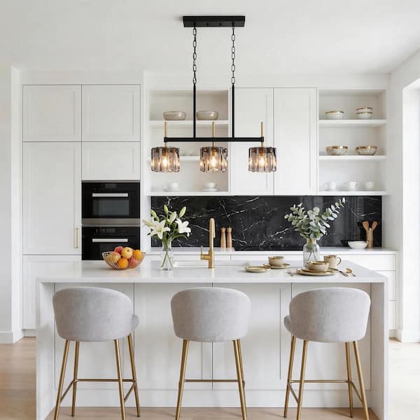 3-Light 26.77 in. W Gray Modern Smoked Glass Linear Chandelier Black Industrial Kitchen Island Pendant Lights