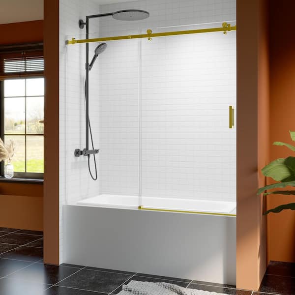 Reversible 56 to 60 in. W x 60 in. H Frameless Sliding Tub Door in Brushed Gold with Tempered Clear Glass, Soft-Close