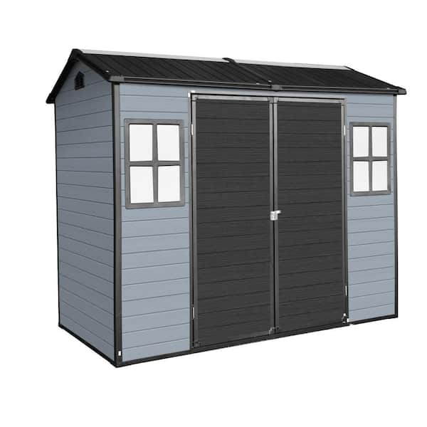 8 ft. W x 4 ft. D Gray and Black Resin Shed with Lockable Door and 2 Windows for Garden Tools, Bicycles