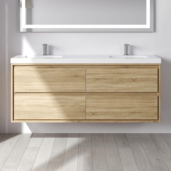 Purus 60 in. W x 20 in. D x 26 in. H Double Sink Wall Mounted Bath Vanity in Oak with White Cultured Marble Top