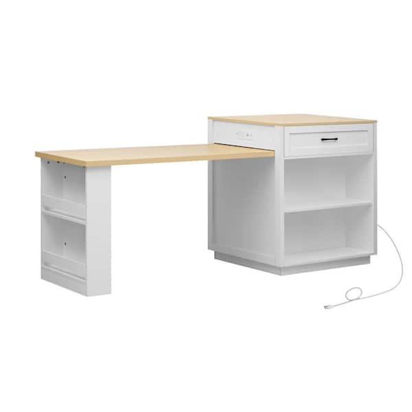 Cesicia White Wood Tabletop 82.7 in. Kitchen Island with 2-Drawers and Extendable Dining Table for 2-6 Person
