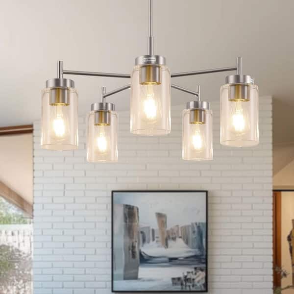 5-Light Pendant Light in Brushed Nickel with Clear Glass Shades, perfect for Kitchen or Bedroom