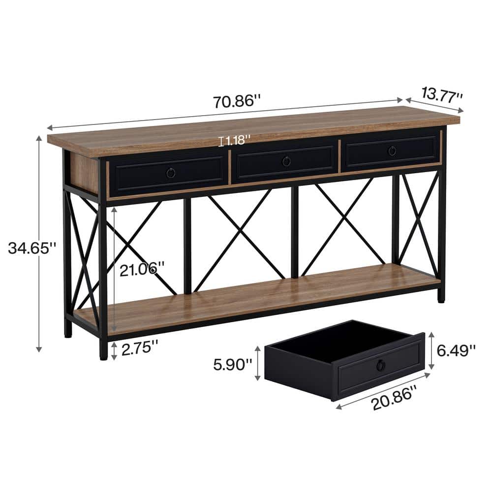 70.8" Black and Brown Wood Console Table with Storage