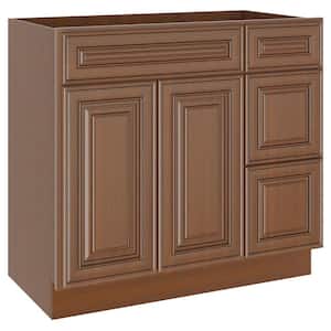 36 in. W. x 21 in. D x 34.5 in. H in Cameo Scotch Plywood Ready to Assemble Vanity Base 3-Drawers Cabinet without Top