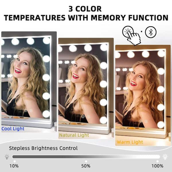 22.8 in. W x 18.9 in. H Tabletop Rectangular Framed Adjustable Brightness, Bluetooth LED Hollywood Makeup Mirror, White