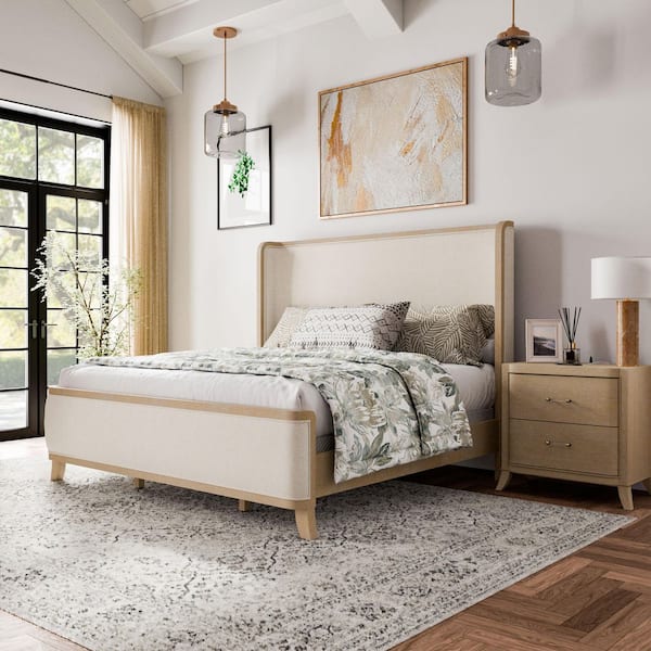 Furniture of America Ellington 2-Piece Natural Oak Fabric Wingback Queen Panel Bedroom Set with Nightstand