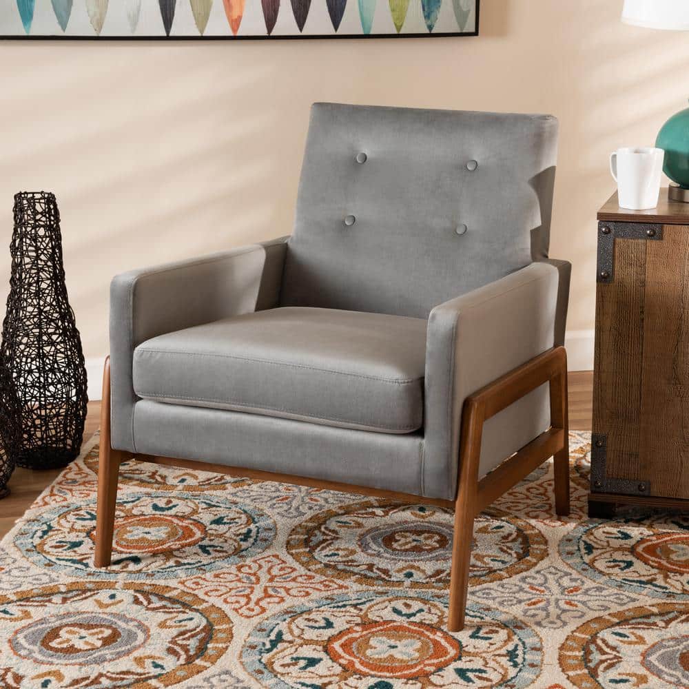 Perris Grey Velvet and Walnut Brown Wood Accent Chair
