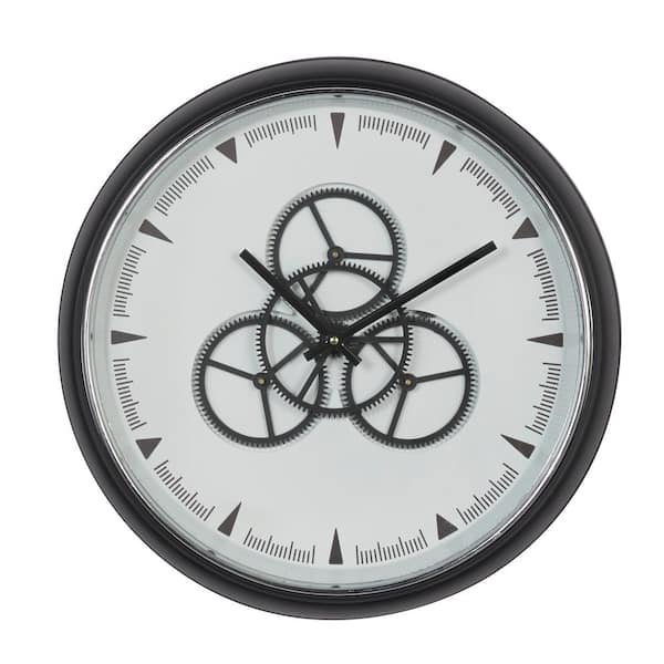 Litton Lane 20 in. x 20 in. Round Black and White Metal Wall Clock With Functioning Gear Center