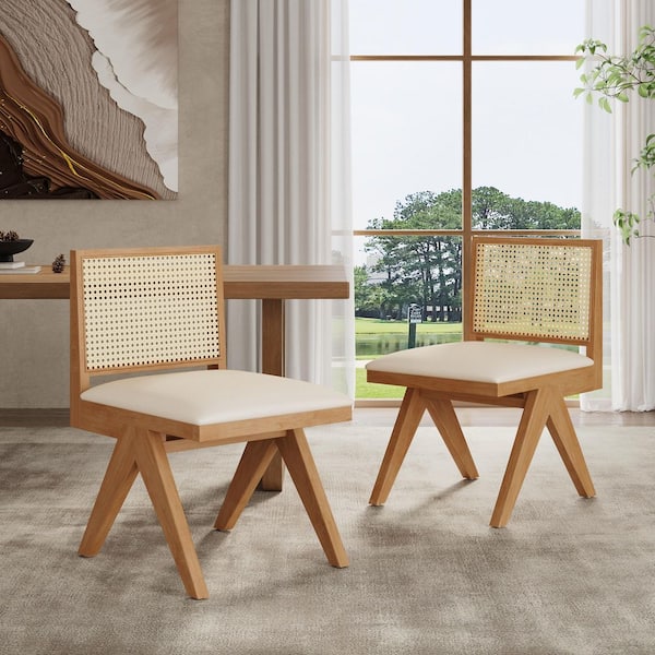 CHRISTOPHER KNIGHT HOME Jett Village Natural Cane and Solid Wood Frame Beige Upholstered Dining Chairs Side Chairs, Straight Legs (Set of 2)