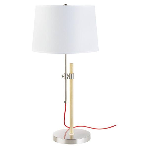 Globe Electric 25 in. Brushed Steel and Wood Adjustable Table Lamp with Red Woven Cord and White Fabric Shade