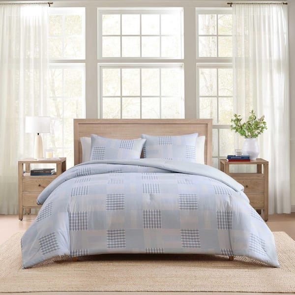 Hamptons Patchwork White/Blue Feather Percale Cotton Full/Queen 3-Piece Duvet Cover Set