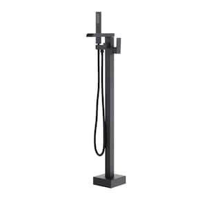 Single Handle Free Standing Waterfall Tub Filler Bathroom Tub Faucet with Handheld Shower in Matte Black