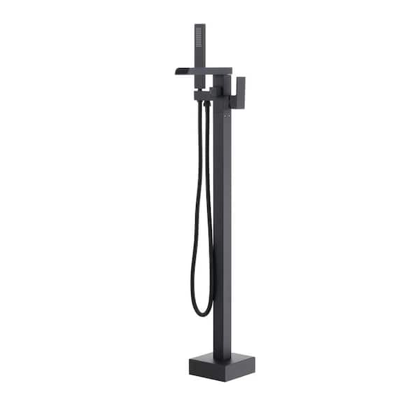 Tahanbath Single Handle Free Standing Waterfall Tub Filler Bathroom Tub Faucet with Handheld Shower in Matte Black
