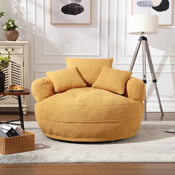 HOMEFUN Modern Dirt Yellow Chenille Swivel Upholstered Barrel Living Room Chair With Cushion and Pillows