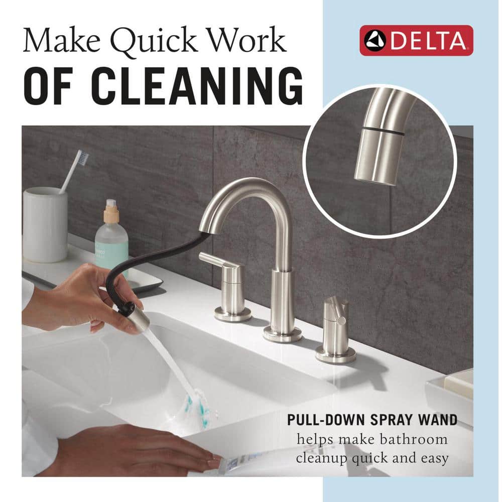 Nicoli Brushed Stainless Steel Widespread Bathroom Faucet with Pull-Down Sprayer