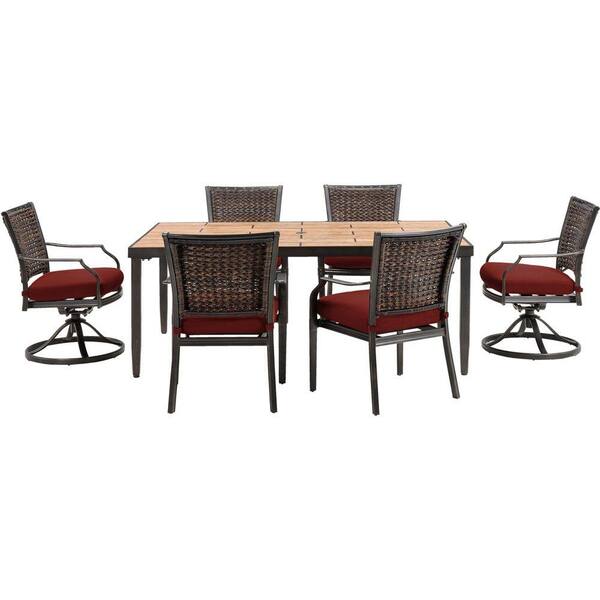 Hanover Mercer 7-Piece All-Weather Wicker Rectangular Patio Dining Set with Crimson Red Cushions