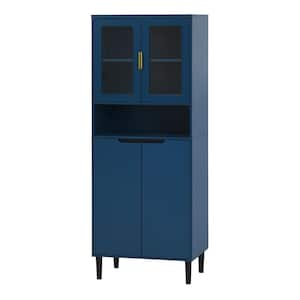 23.62 in. W x 13.78 in. D x 63 in. H Blue Linen Cabinet with 2-Glass Display Door and 2-Doors